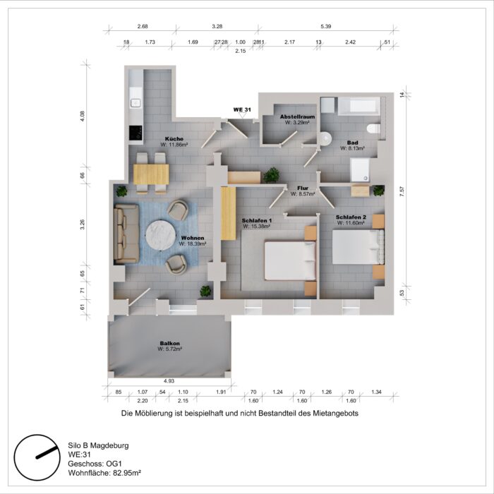Grundriss einer Wohnung mit drei Schlafzimmern und Balkon.