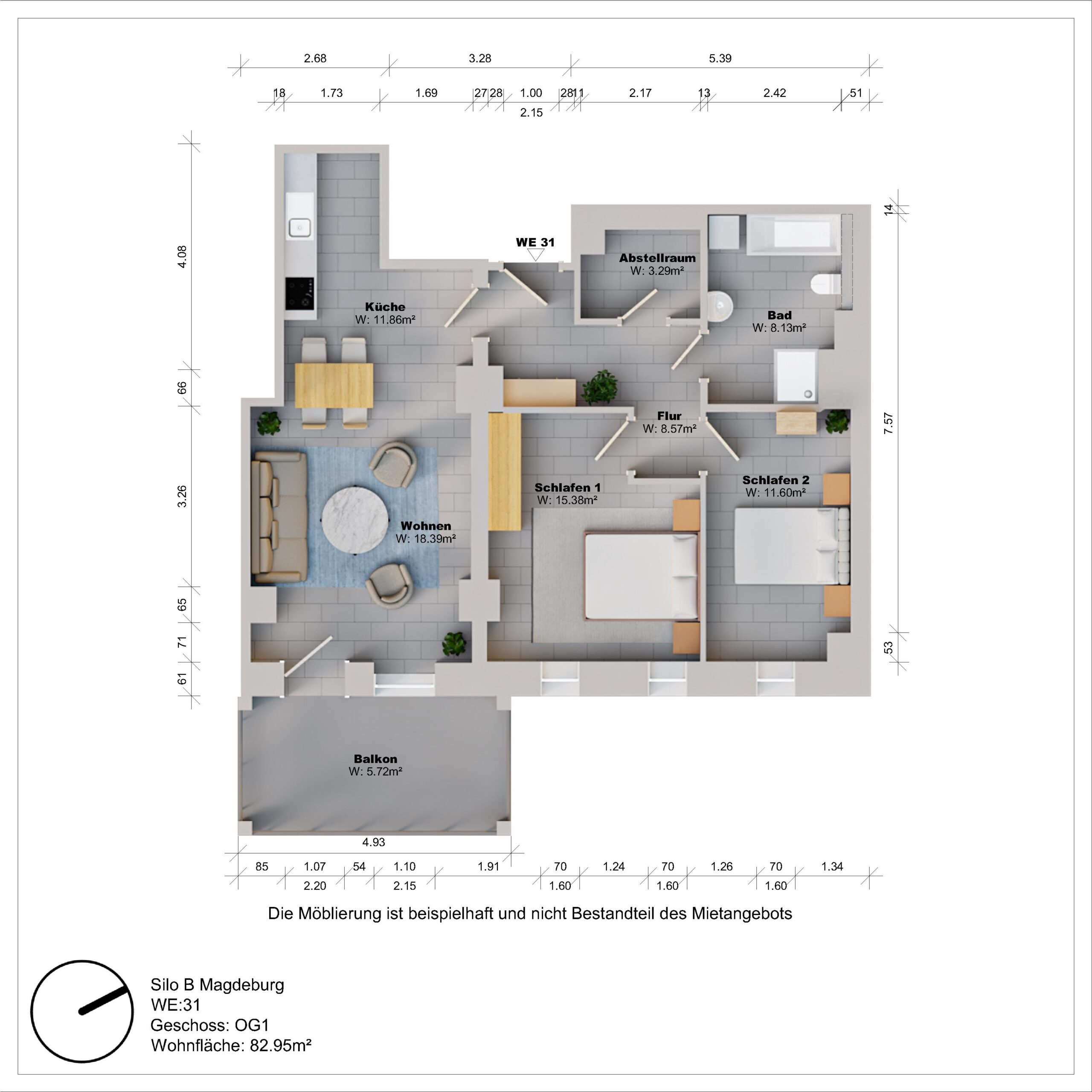 Grundriss einer Wohnung mit drei Schlafzimmern und Balkon.