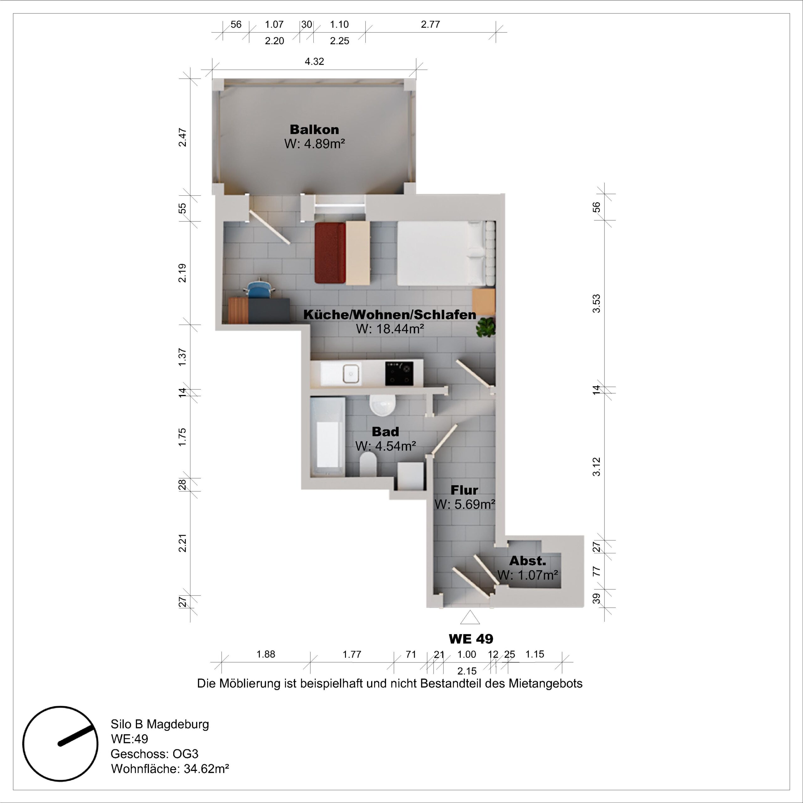 Grundriss einer Wohnung mit Balkon und Abstellraum.