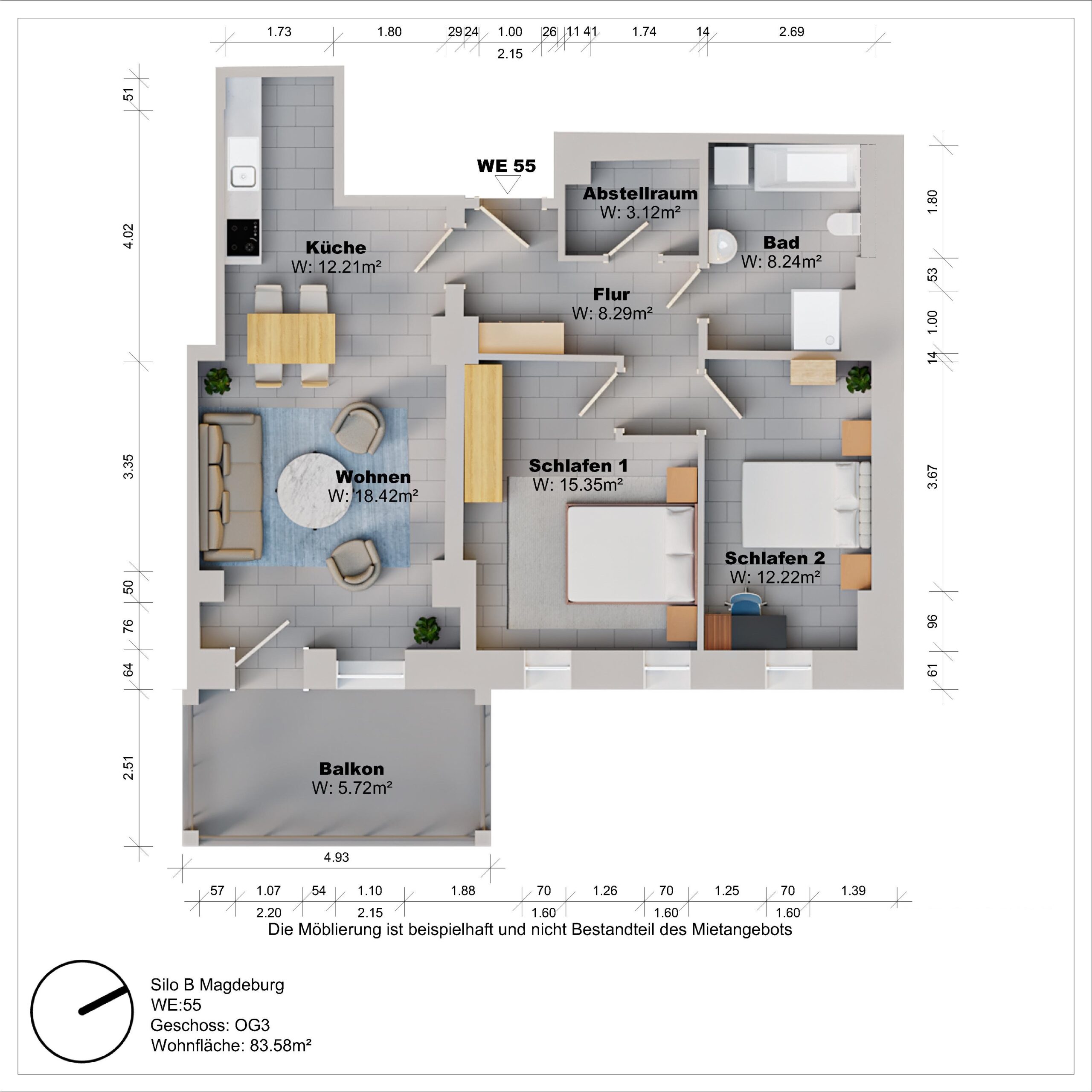 Grundriss einer Wohnung mit drei Schlafzimmern.