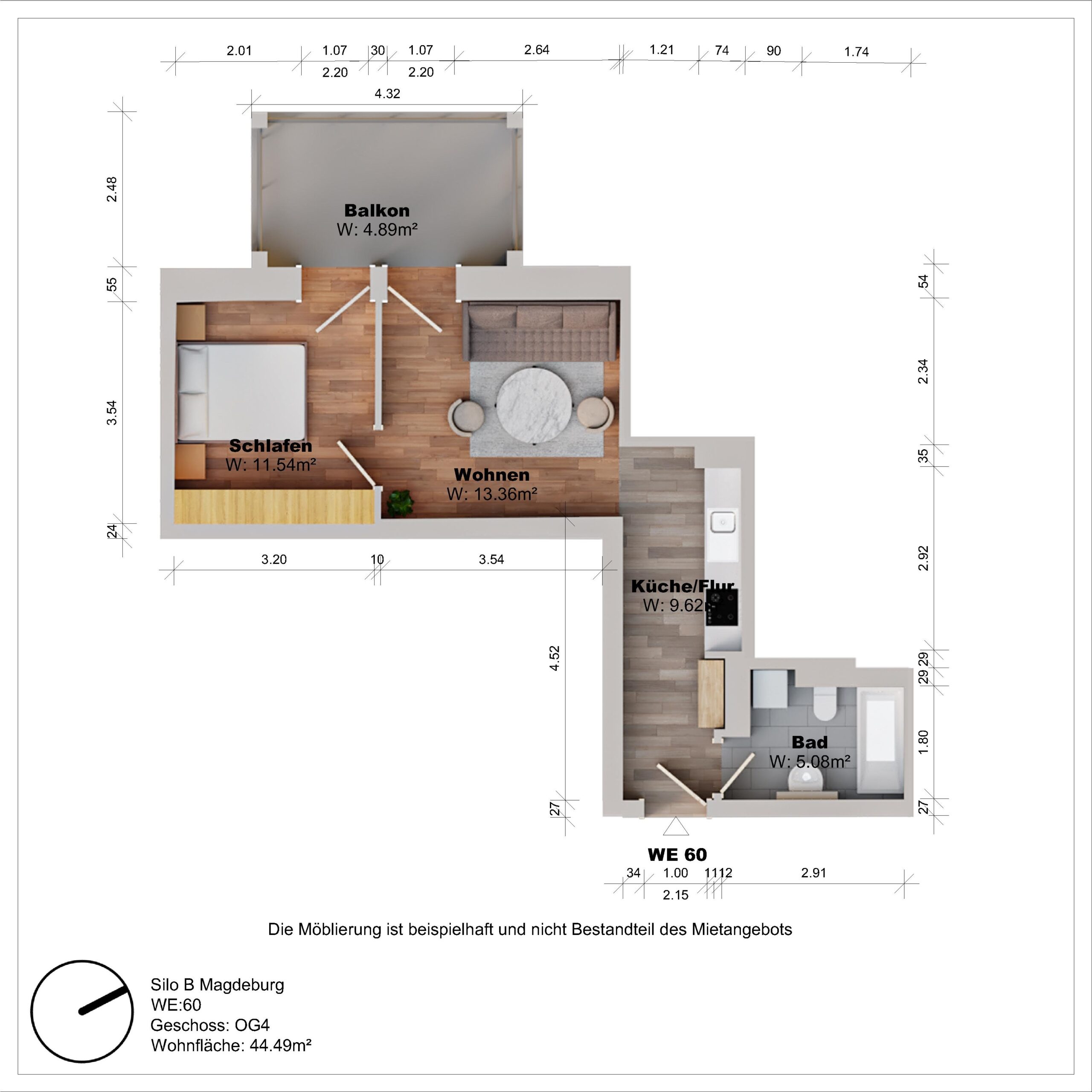 Grundriss einer Wohnung mit Schlafzimmer und Bad.