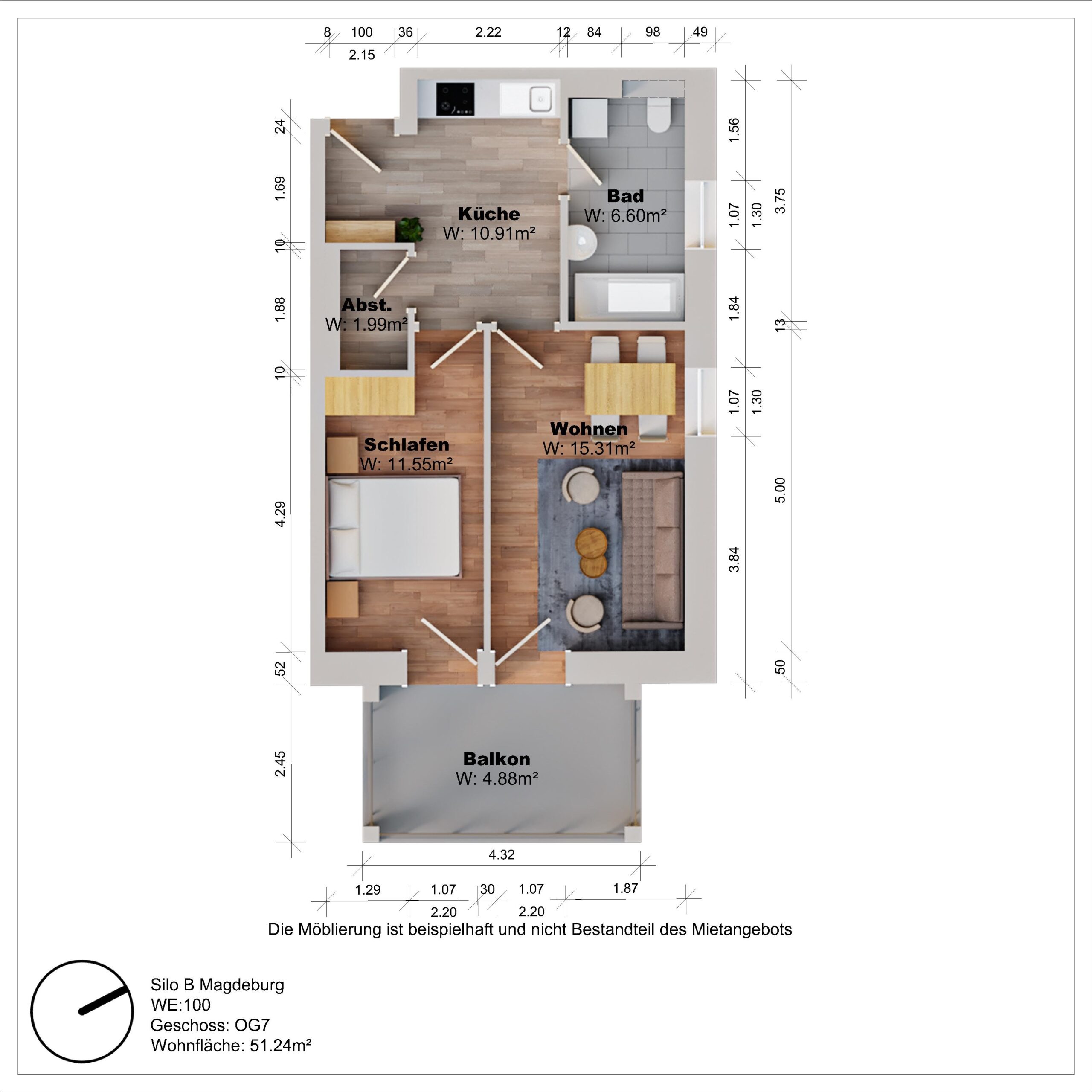 Grundriss einer Wohnung mit Balkon und Zimmern.