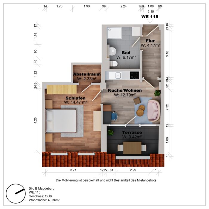 Grundriss einer Wohnung mit Terrasse und Möbeln.