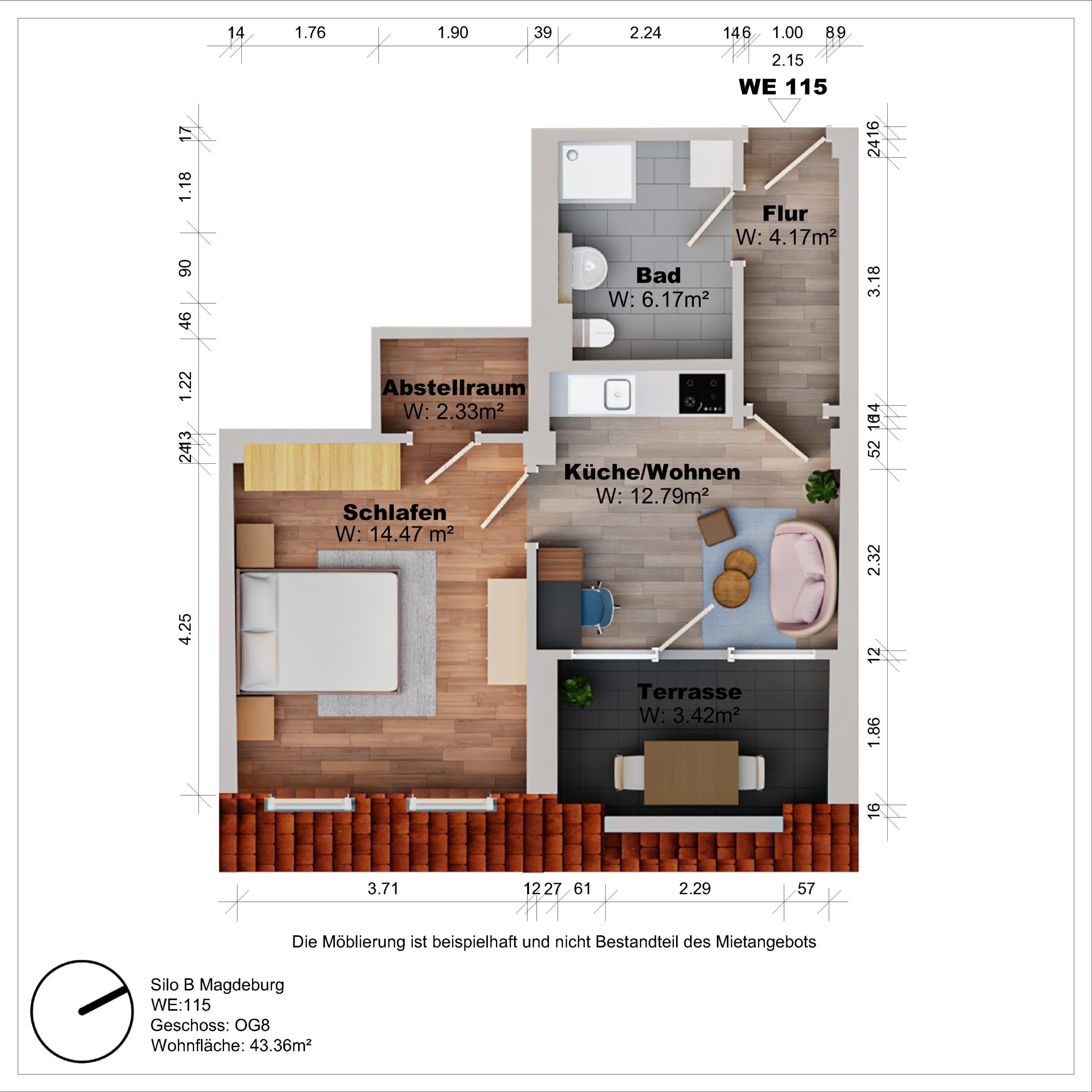 Grundriss einer Wohnung mit Terrasse und Möbeln.