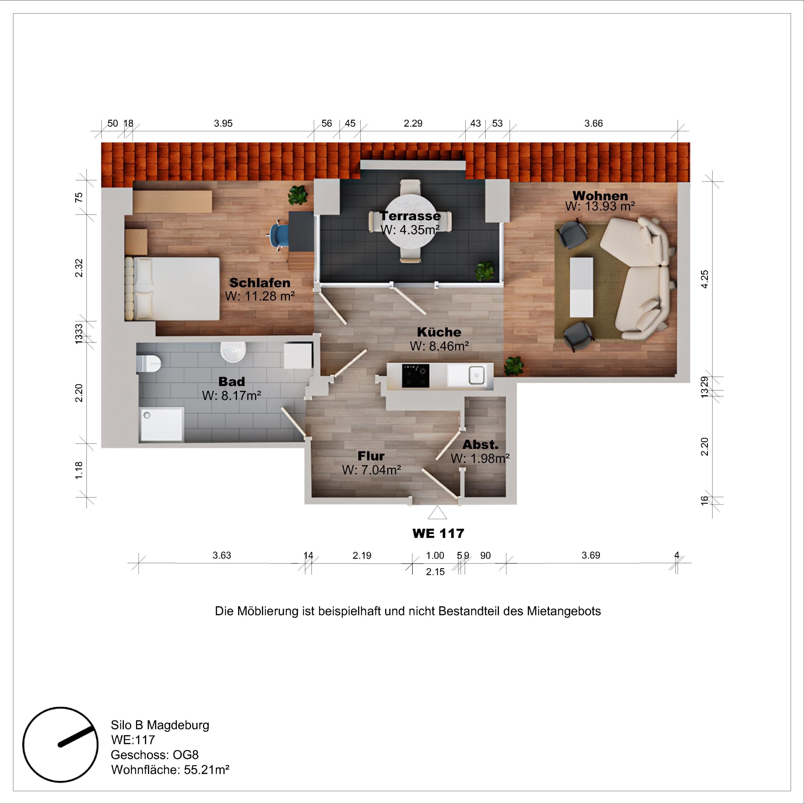 Grundriss einer Wohnung mit Möbelanordnung und Maßen.