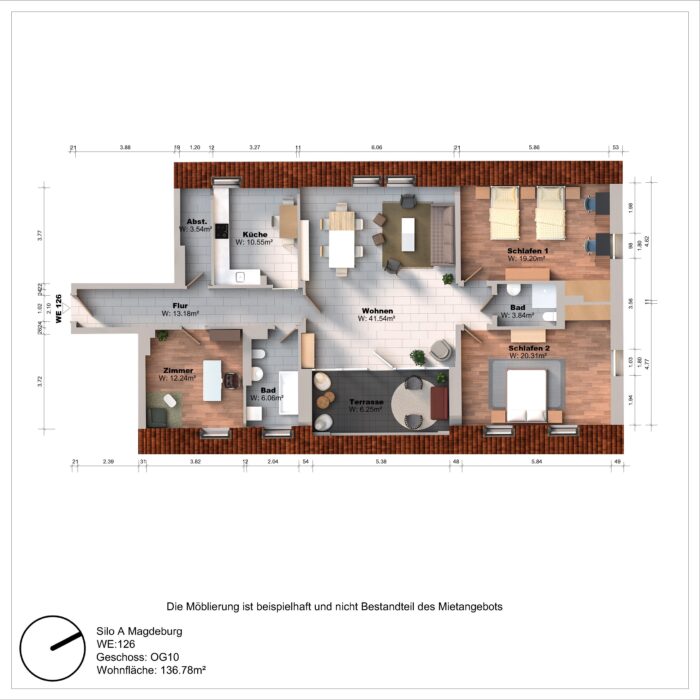 Grundriss einer Wohnung mit Zimmeraufteilung und Maßen.