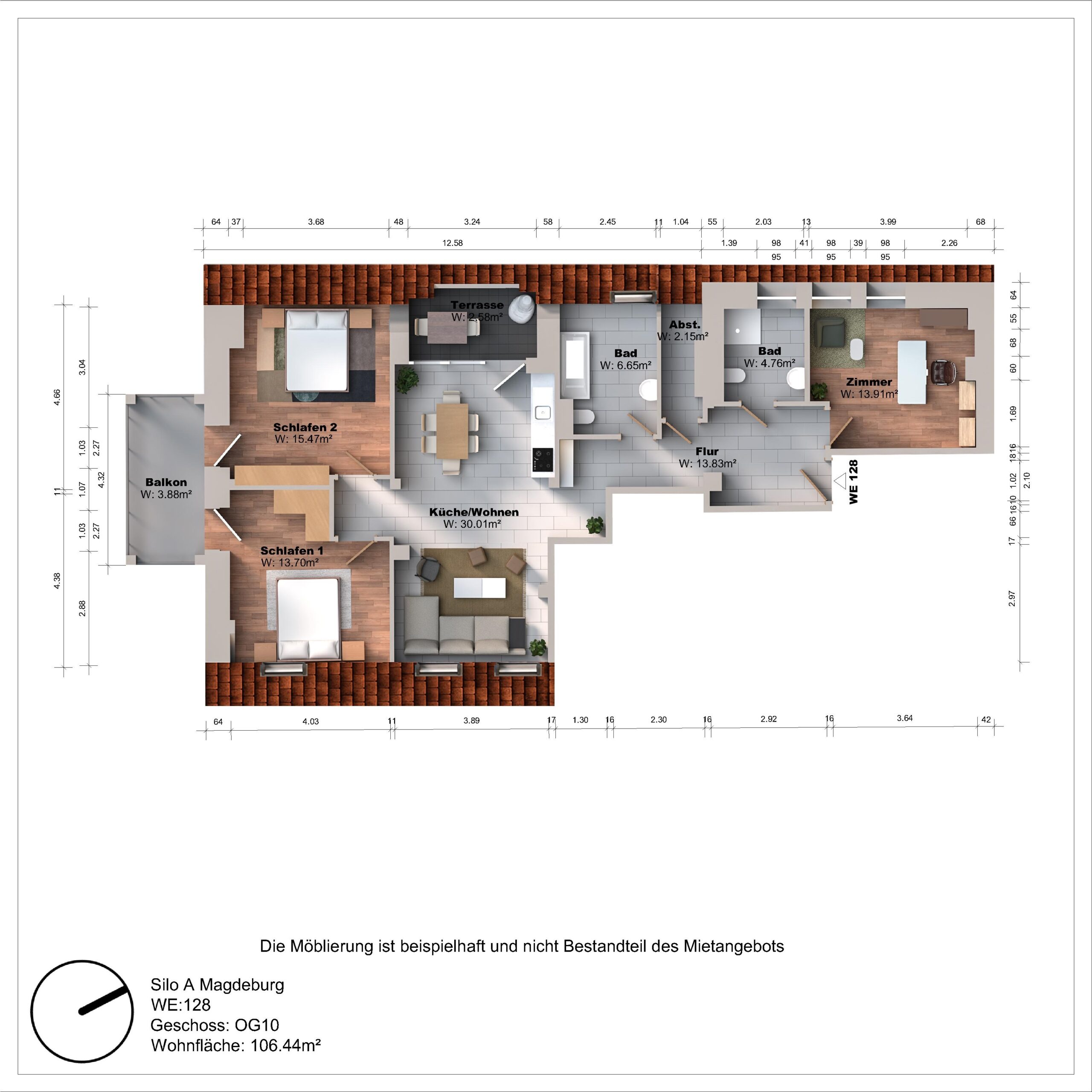 Grundriss einer Wohnung mit drei Schlafzimmern und Balkon.