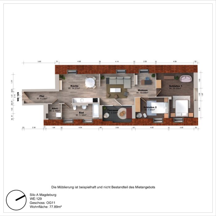 Grundriss einer Wohnung mit zwei Schlafzimmern und Terrasse.