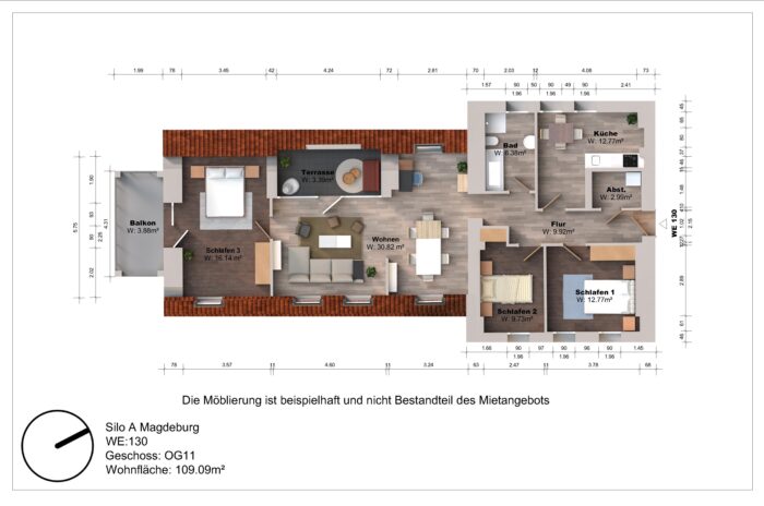 Grundriss einer Wohnung mit drei Schlafzimmern, Balkon.