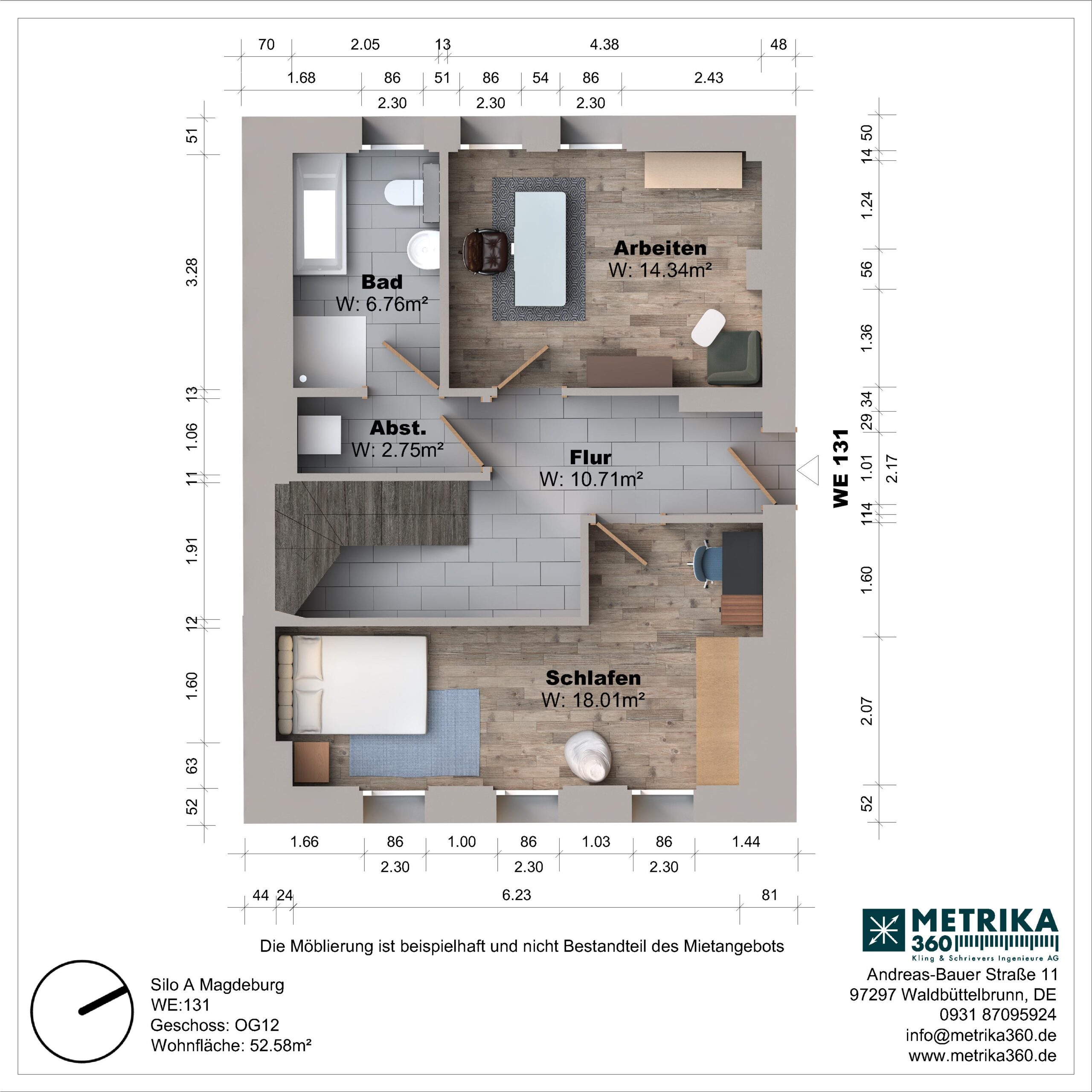 Grundriss einer Wohnung mit Arbeits- und Schlafzimmer.