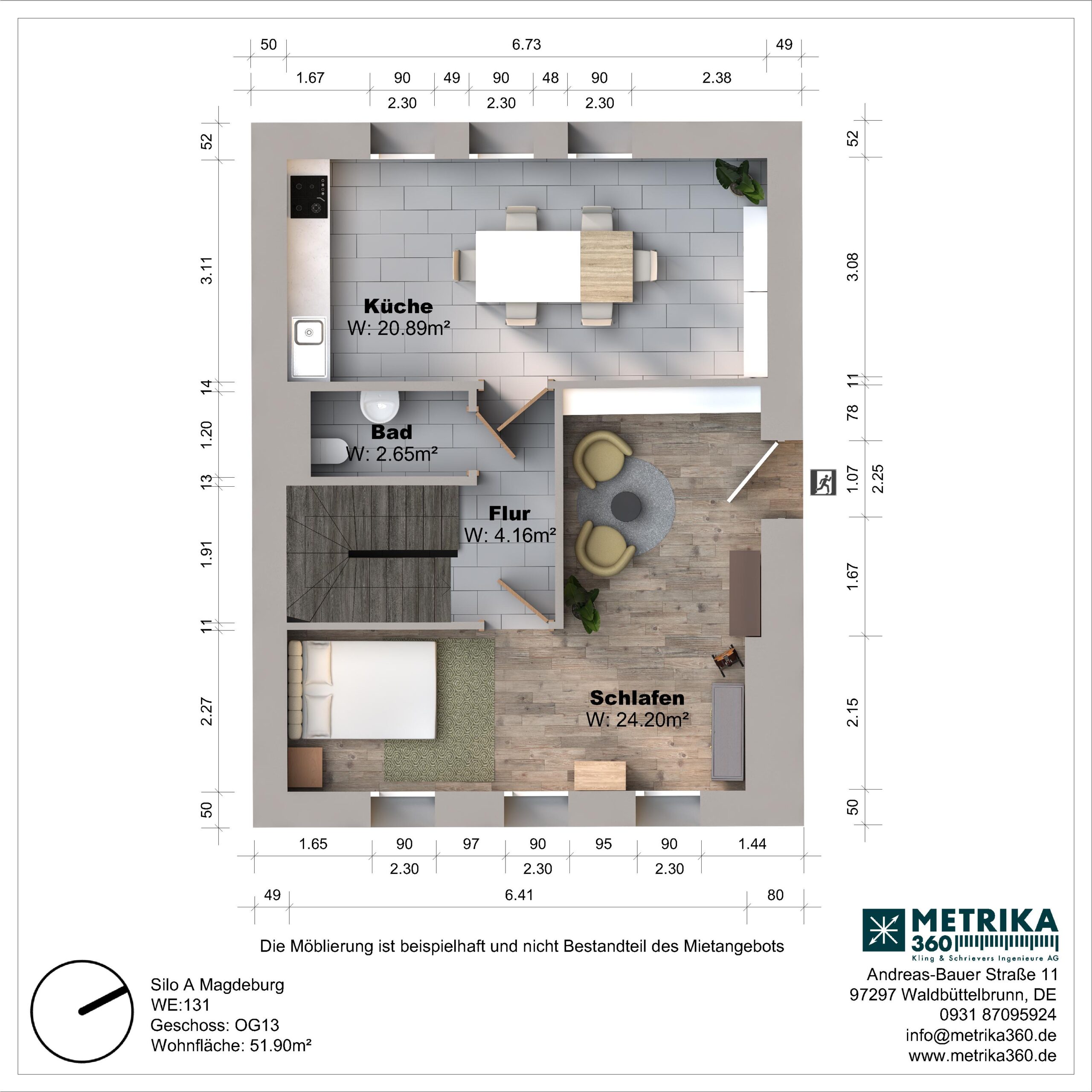 Grundriss einer Wohnung mit Küche, Bad und Schlafzimmer.