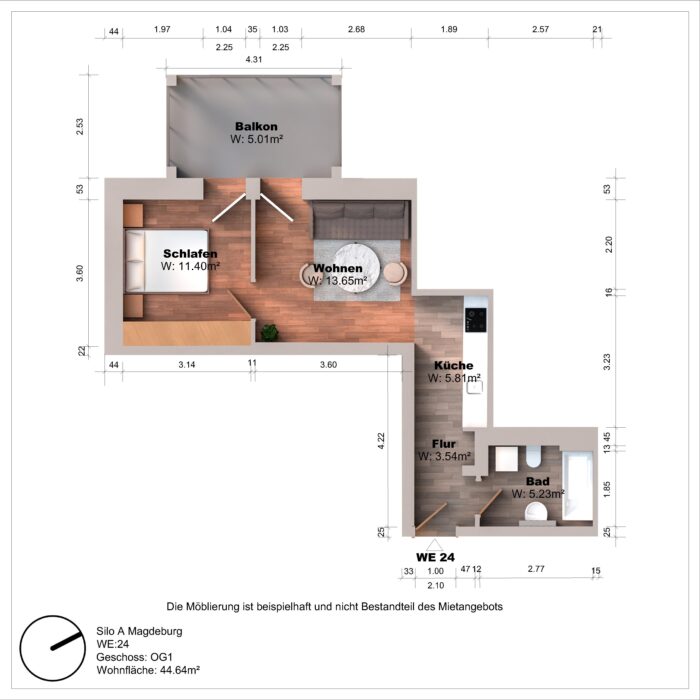 Grundriss einer Wohnung mit Balkon und Möbeln.