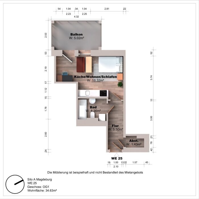 Grundriss einer Wohnung mit Balkon und Abstellraum.