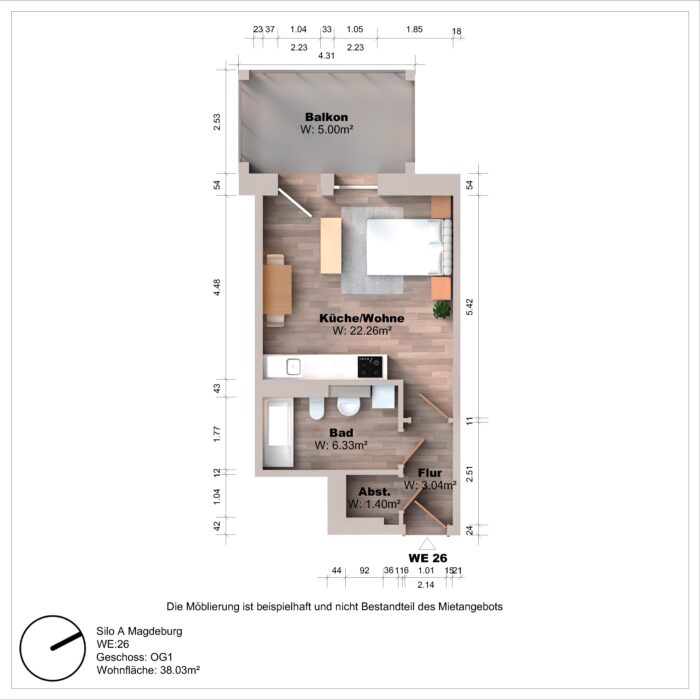 Grundriss einer Wohnung mit Balkon und Möbeln.