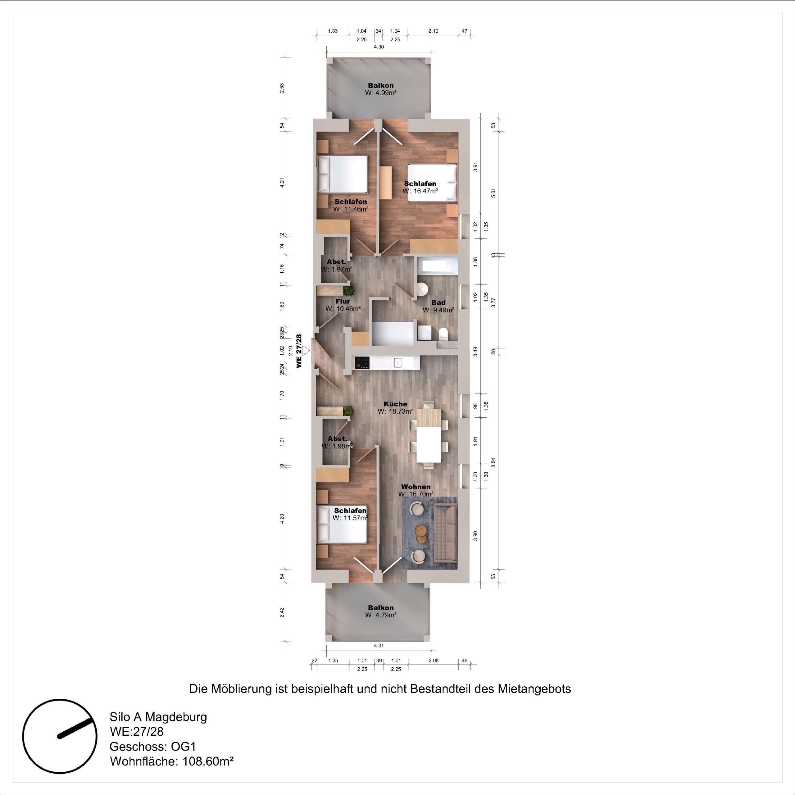 Grundriss einer Wohnung mit drei Schlafzimmern und Balkon.