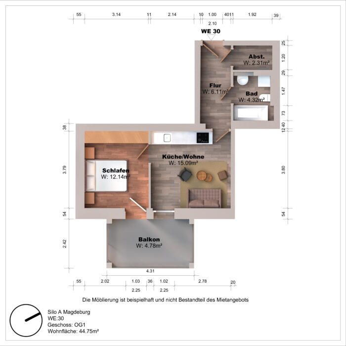 Grundriss einer Wohnung mit Balkon und Möbeln.