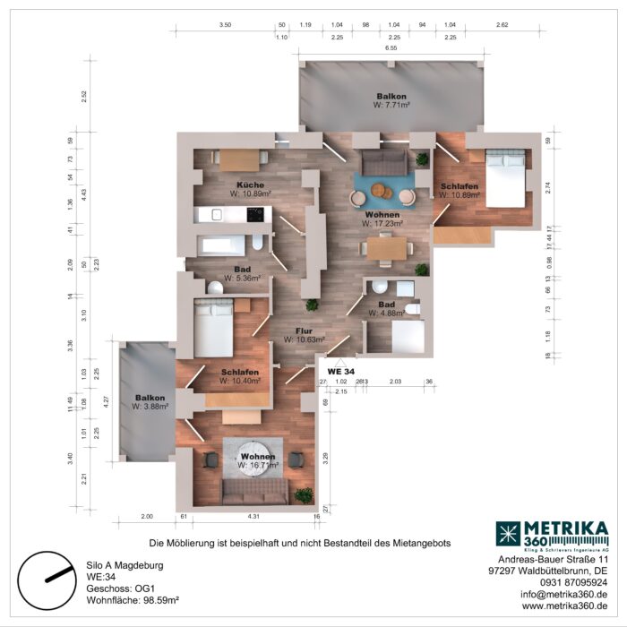 Grundriss einer Wohnung mit zwei Balkonen, möbliert.