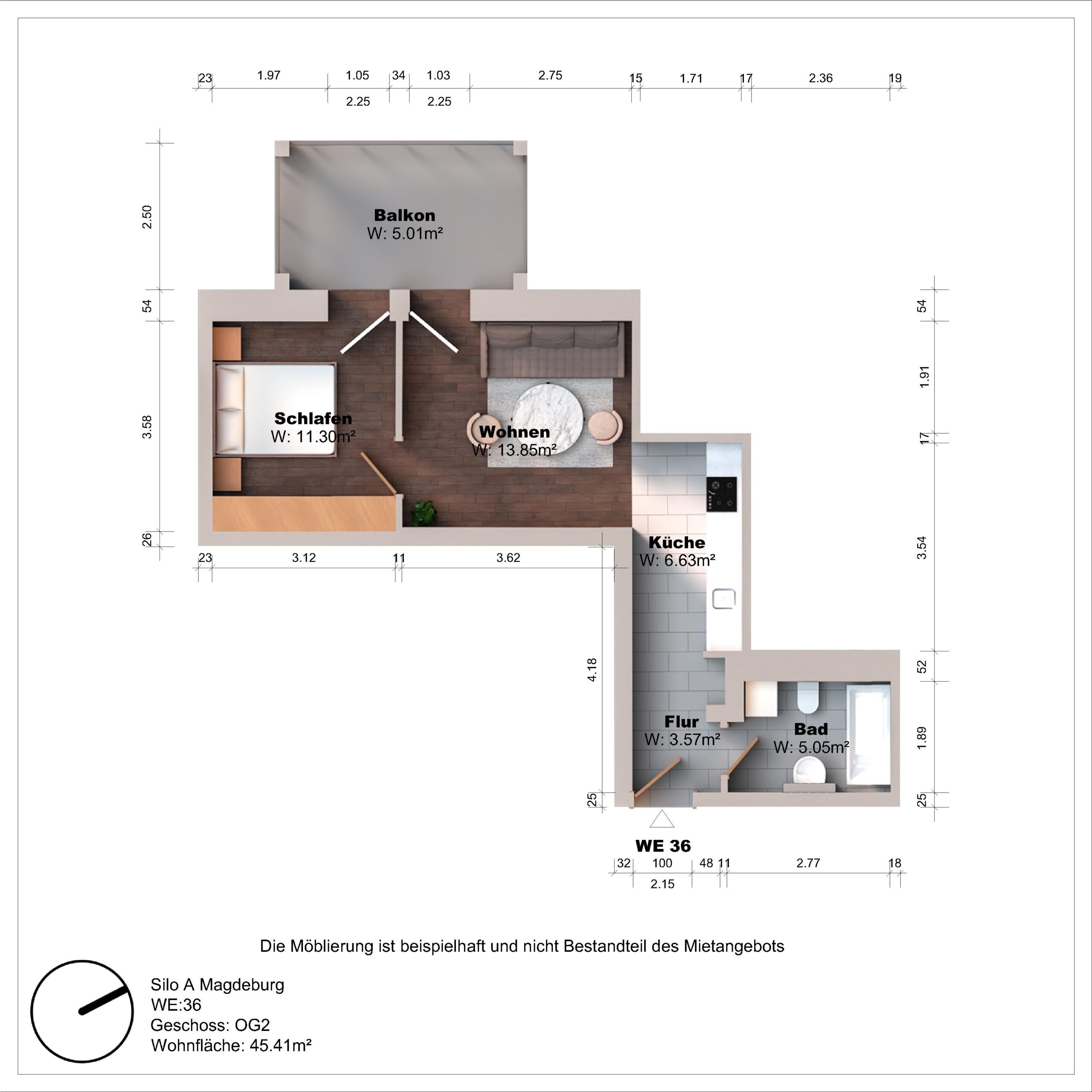 Grundriss einer Wohnung mit Balkon und Zimmern.