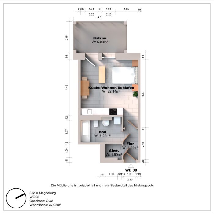 Grundriss einer Wohnung mit Balkon und Bad.