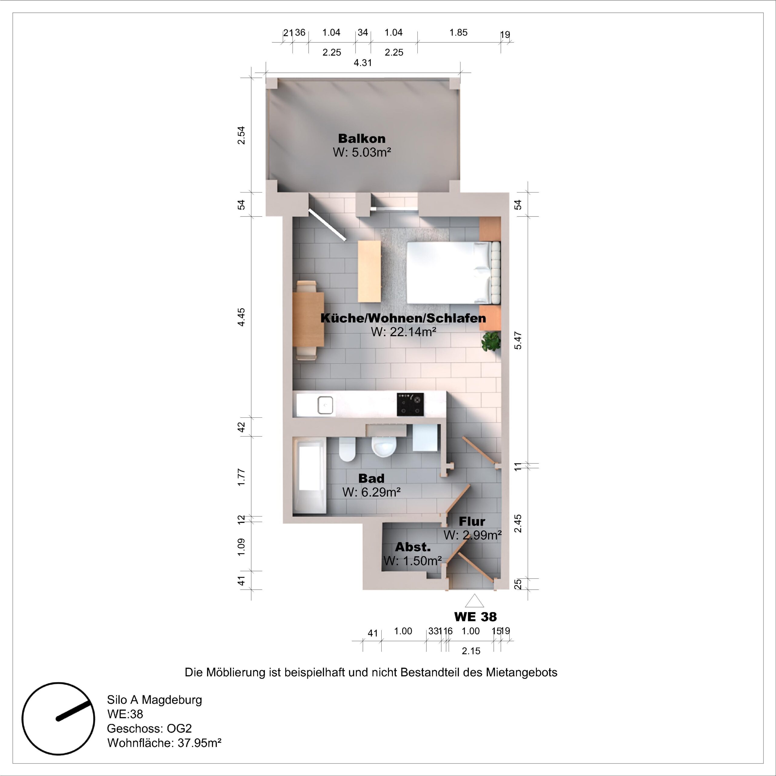 Grundriss einer Wohnung mit Balkon und Bad.