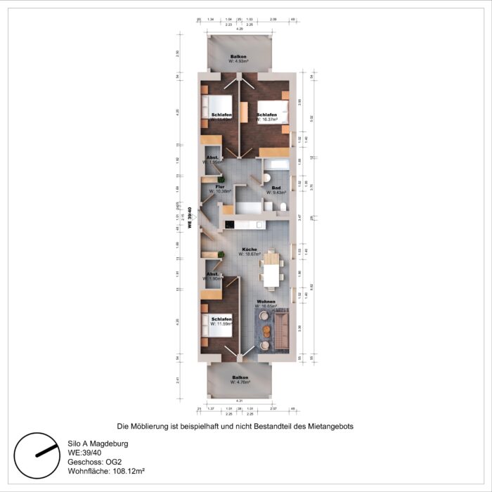 Grundriss einer Wohnung mit drei Schlafzimmern und Balkonen.