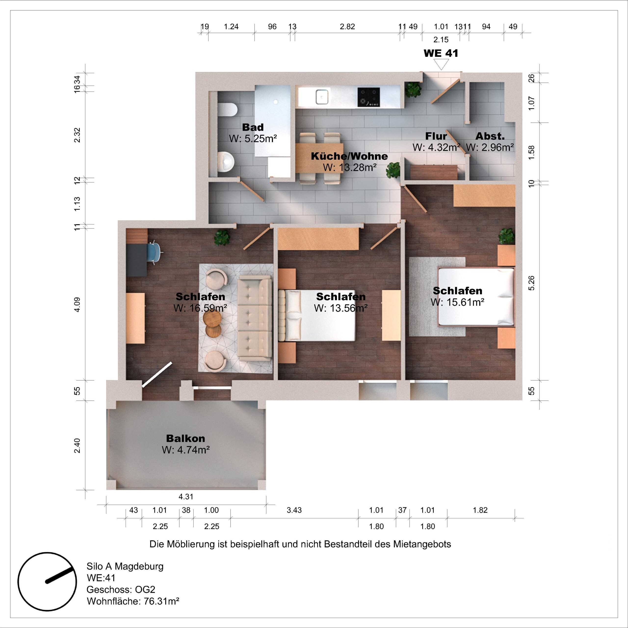 Grundriss einer Wohnung mit drei Schlafzimmern und Balkon.