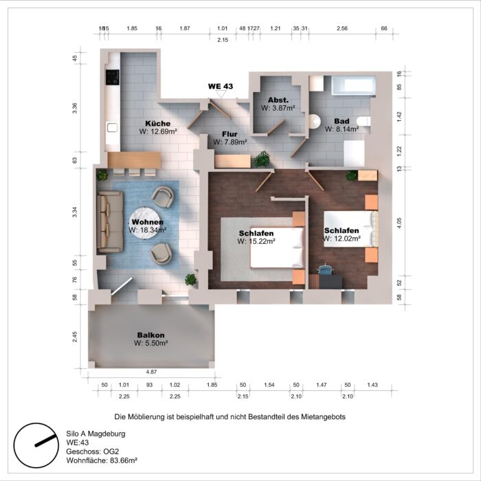 Grundriss einer Wohnung mit Balkon und Zimmern.