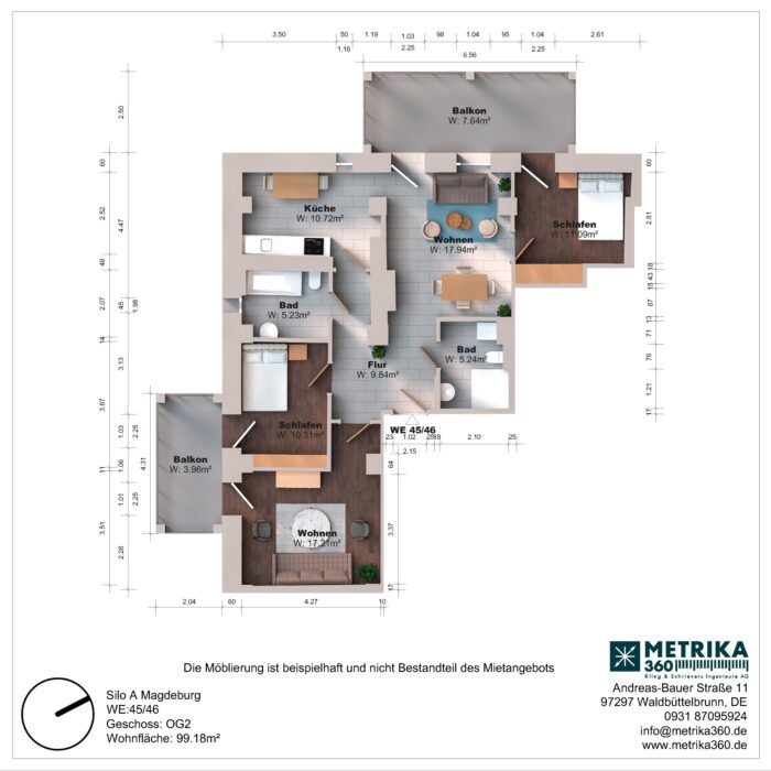 Grundriss einer Wohnung mit zwei Schlafzimmern und Balkonen.