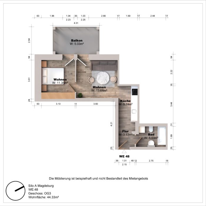Grundriss einer Wohnung mit Balkon und Möbeln.