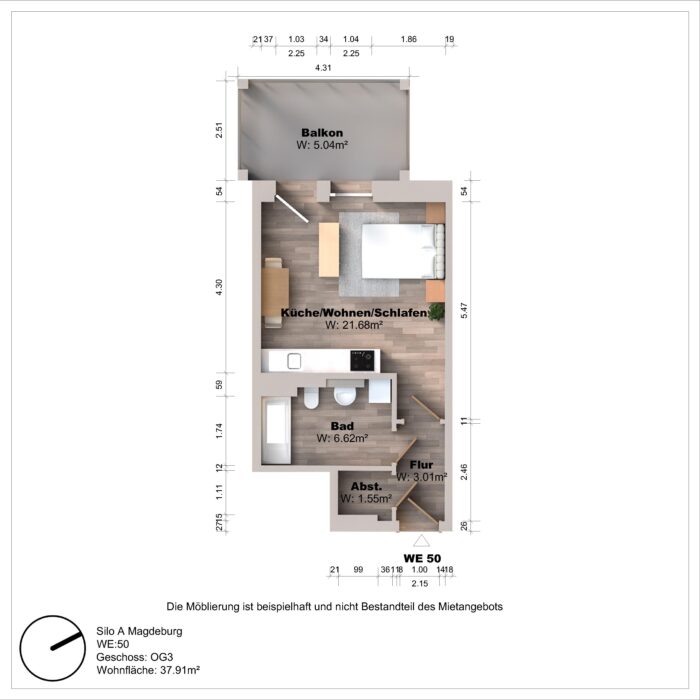Grundriss einer Einzimmerwohnung mit Balkon und Bad.