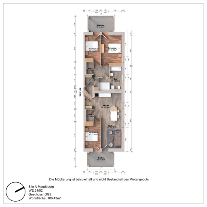 Grundriss einer Wohnung mit zwei Balkonen und Zimmern.