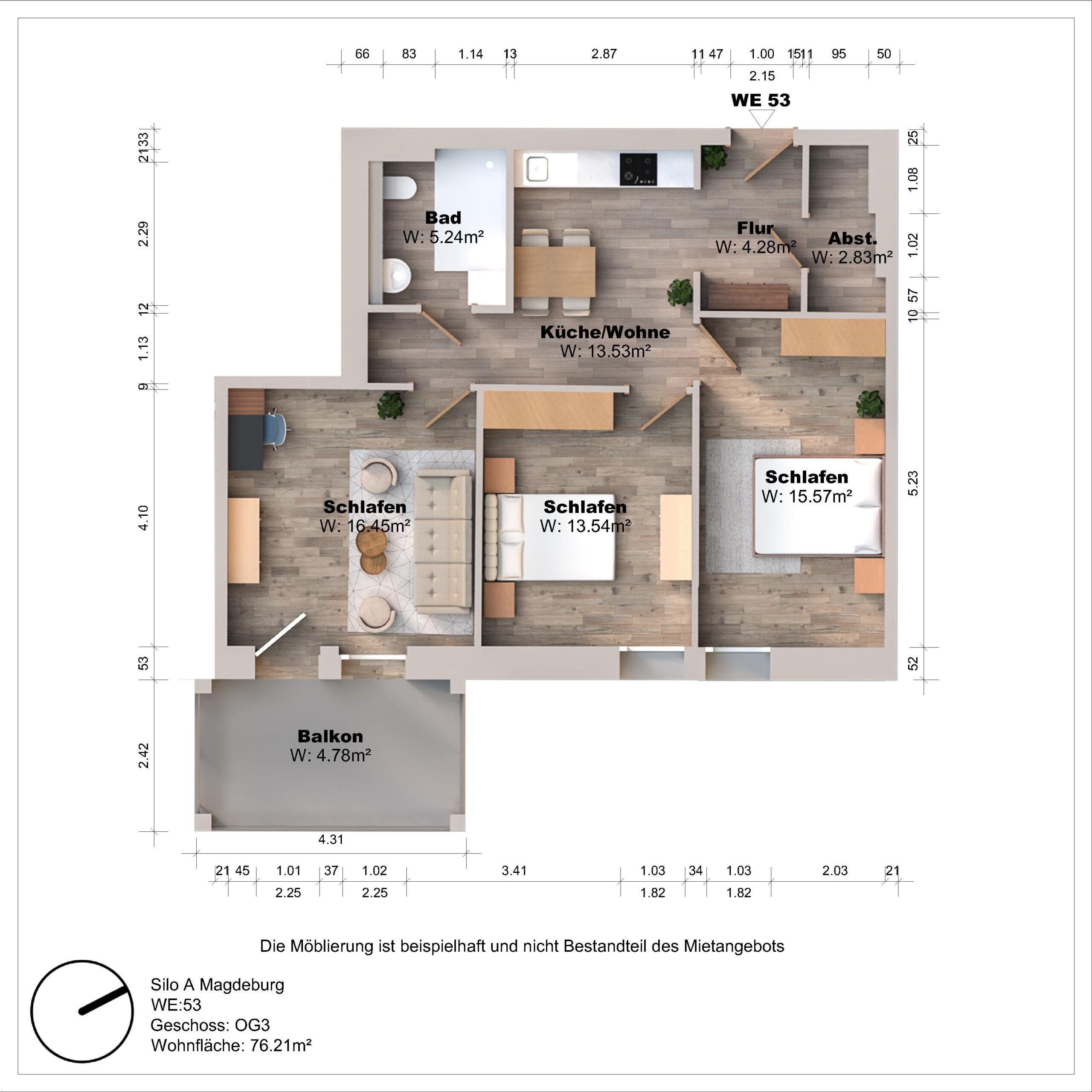 Grundriss einer Wohnung mit drei Schlafzimmern und Balkon.