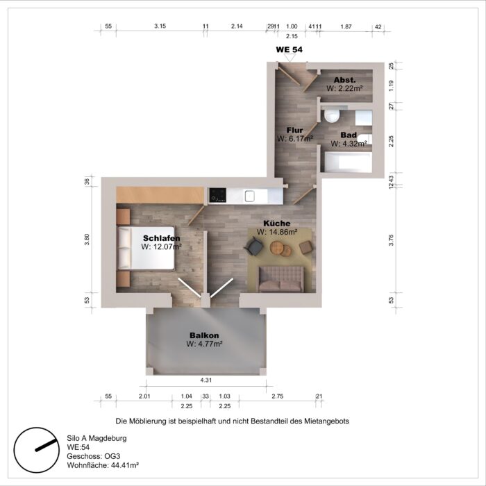Grundriss einer Wohnung mit Balkon und Zimmeraufteilung.