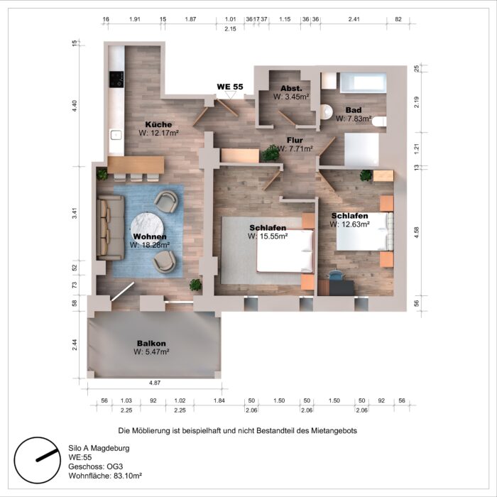 Grundriss einer Wohnung mit zwei Schlafzimmern und Balkon.