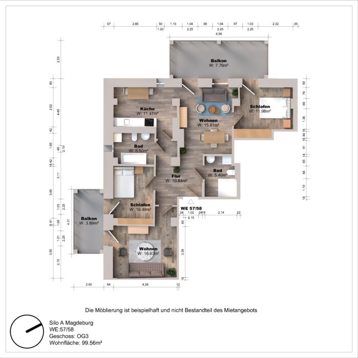 Grundriss einer Wohnung mit zwei Balkonen, möbliert.