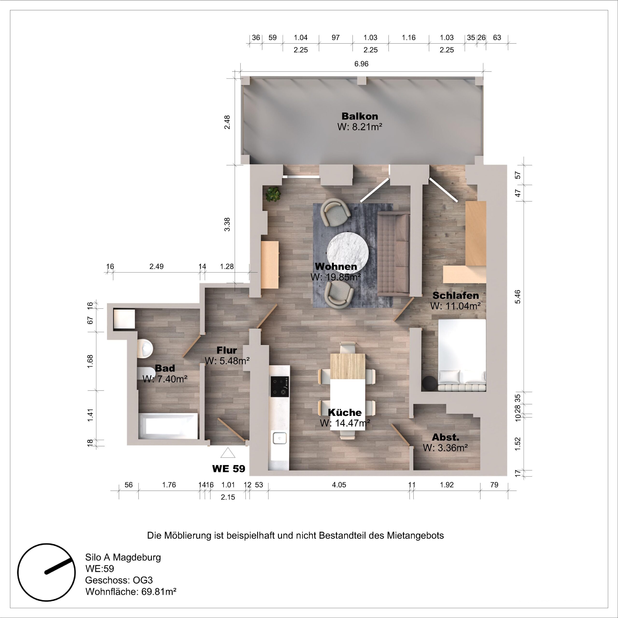 Grundriss einer Wohnung mit Balkon und Möbeln.