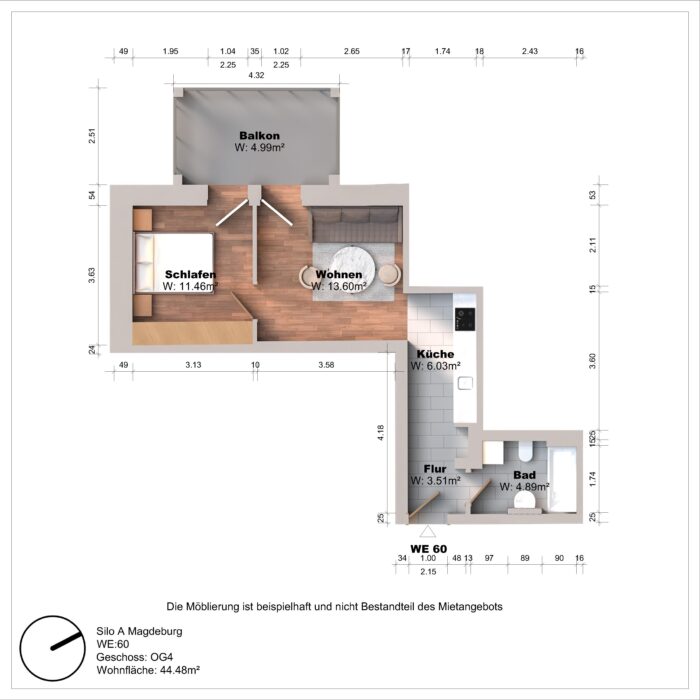 Grundriss einer Wohnung mit Balkon und Zimmern.