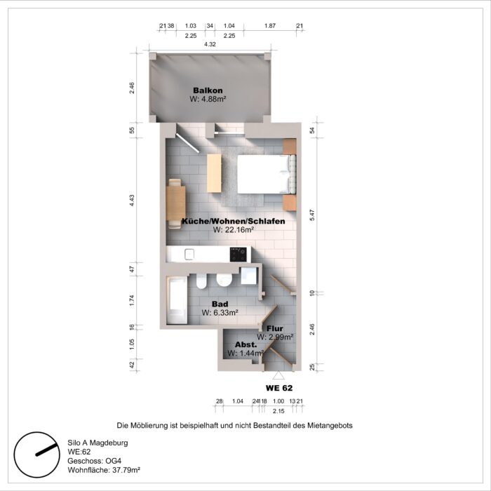 Grundriss einer Wohnung mit Balkon und Bad.