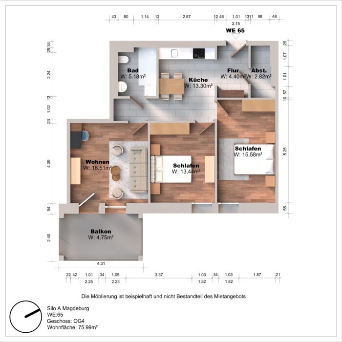 Grundriss einer Wohnung mit zwei Schlafzimmern und Balkon.