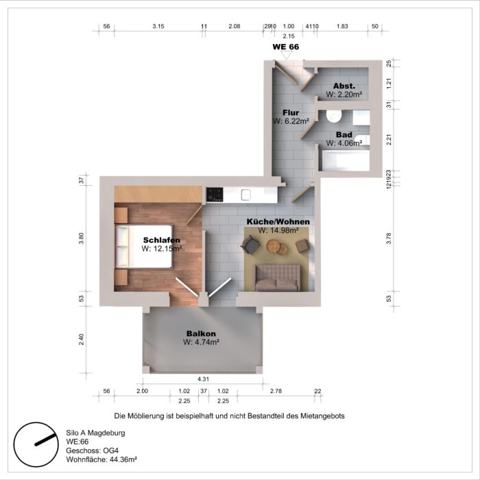 Grundriss einer Wohnung mit Balkon und Möblierung.