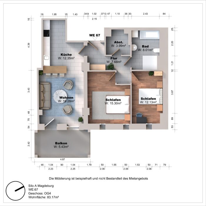 Grundriss einer Wohnung mit zwei Schlafzimmern und Balkon.