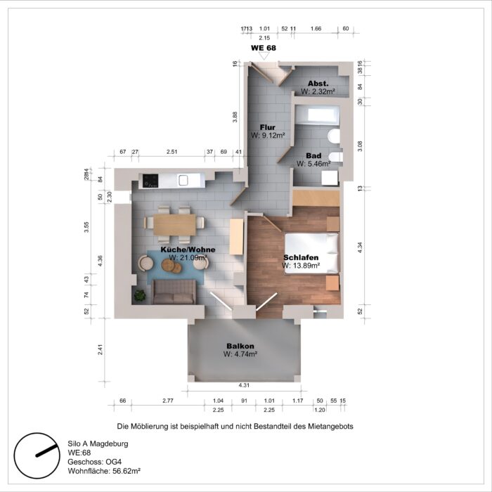 Grundriss einer Wohnung mit Balkon und Zimmern.