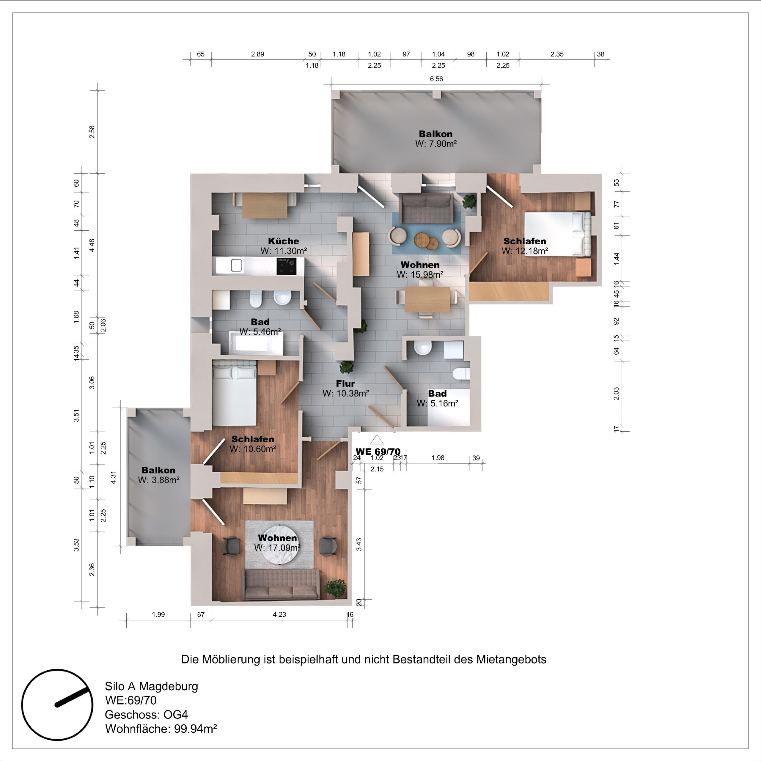 Grundriss einer Wohnung mit drei Balkonen.