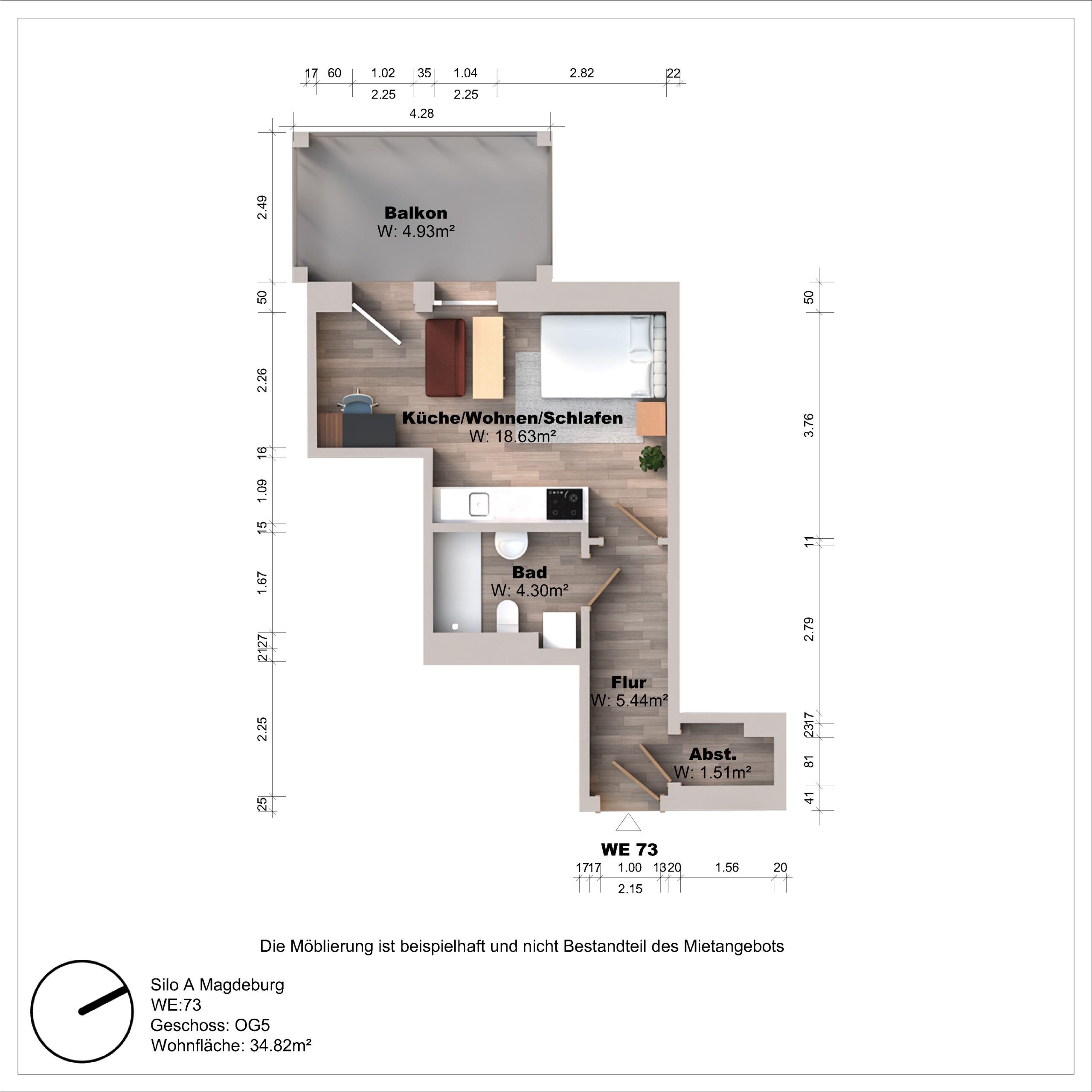 Grundriss einer Wohnung mit Balkon und Möbeln.