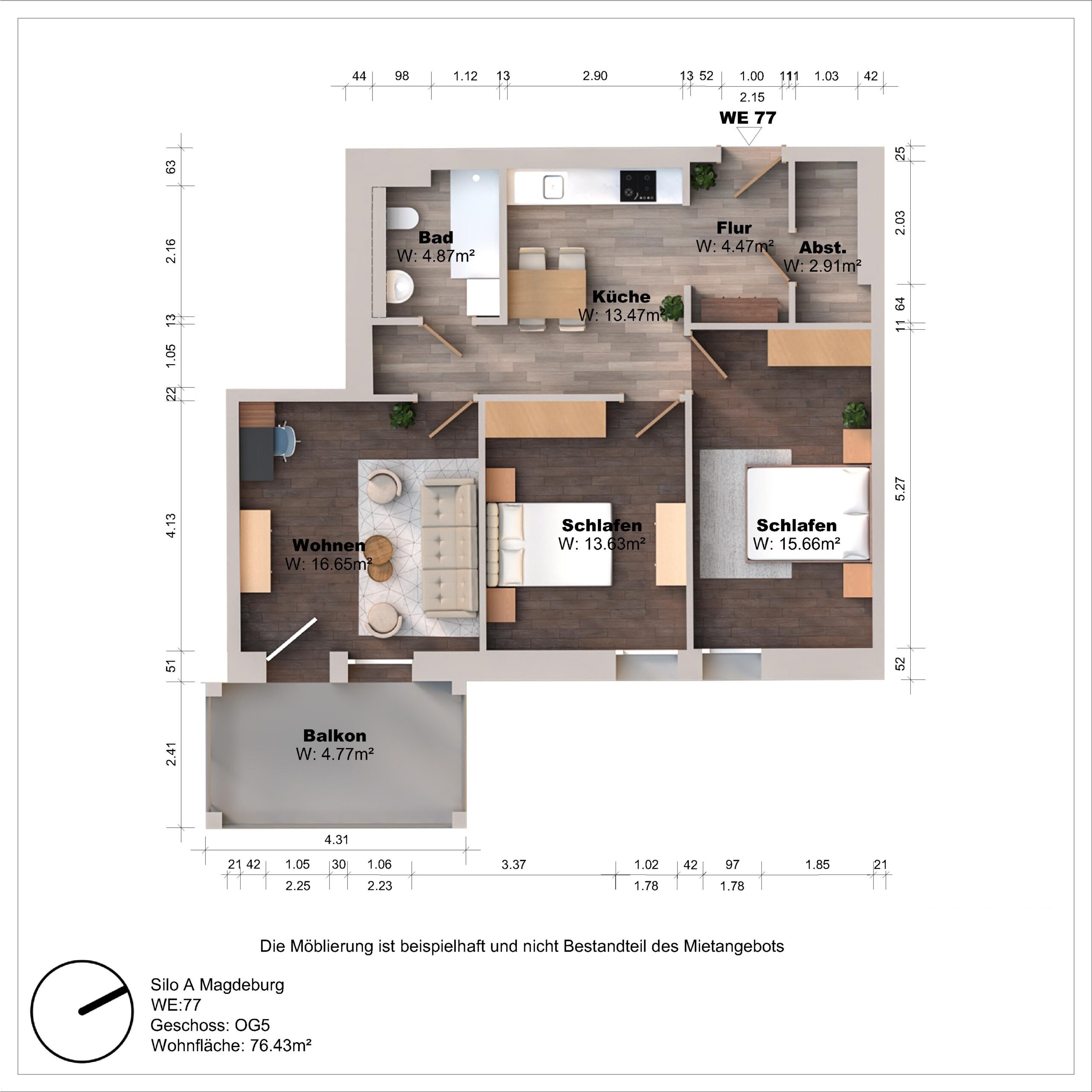 Grundriss einer Wohnung mit Zimmergrößen und Balkon.