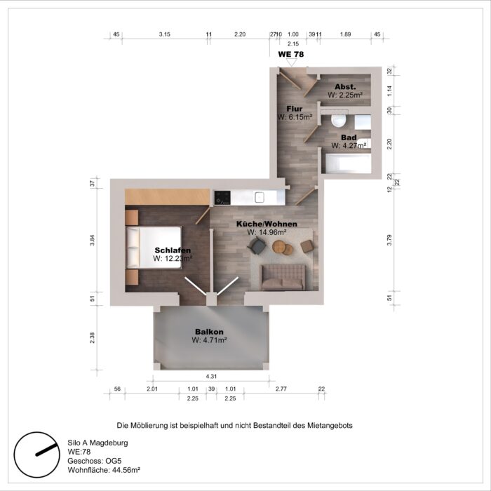Grundriss einer Wohnung mit Balkon und Zimmern.