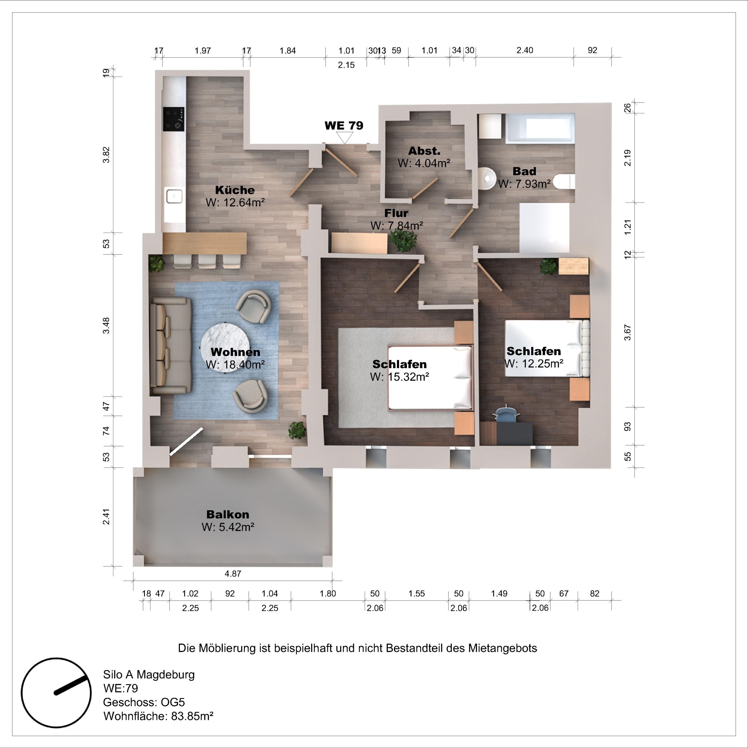 Grundriss einer Wohnung mit zwei Schlafzimmern und Balkon.