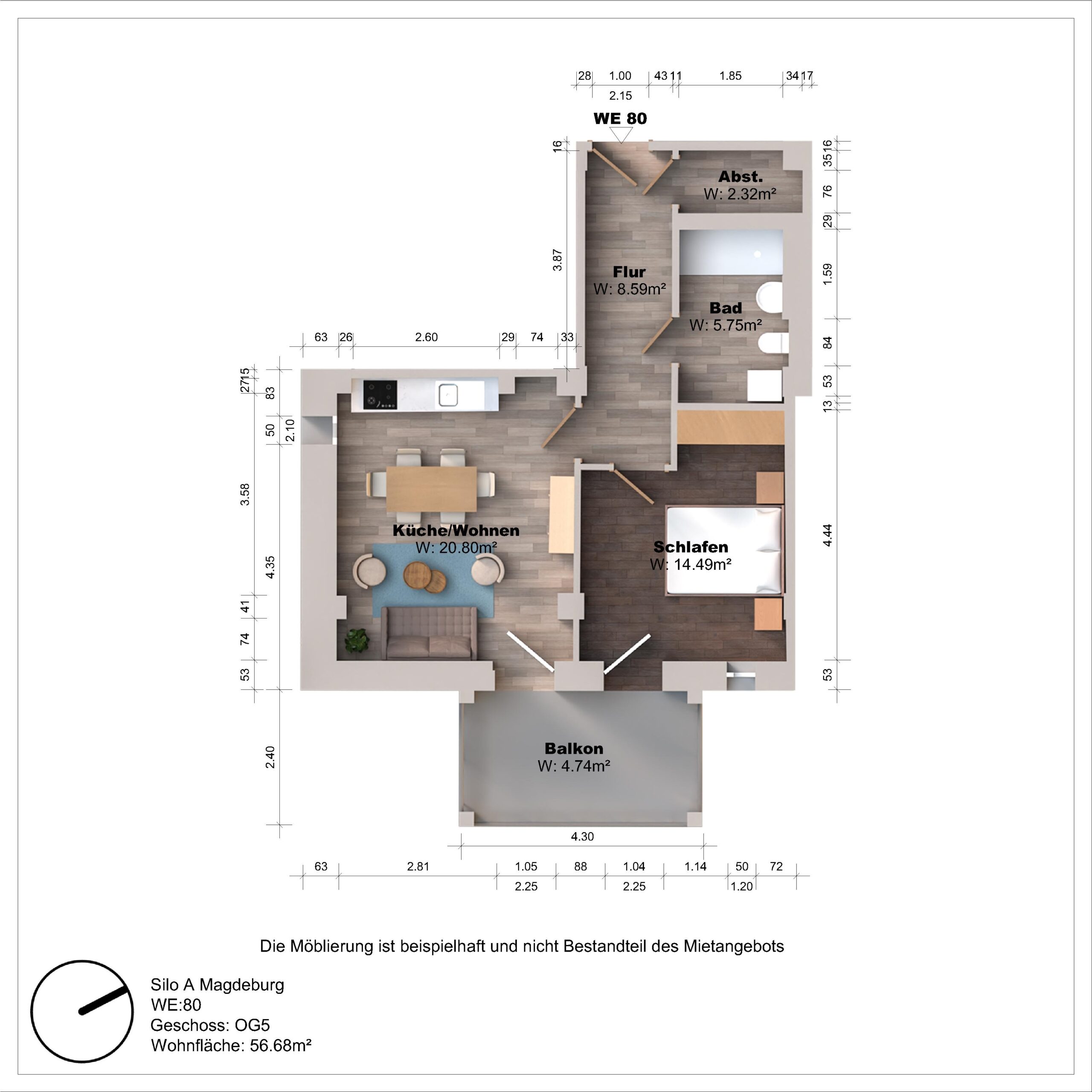 Grundriss einer Wohnung mit Balkon und Zimmern.
