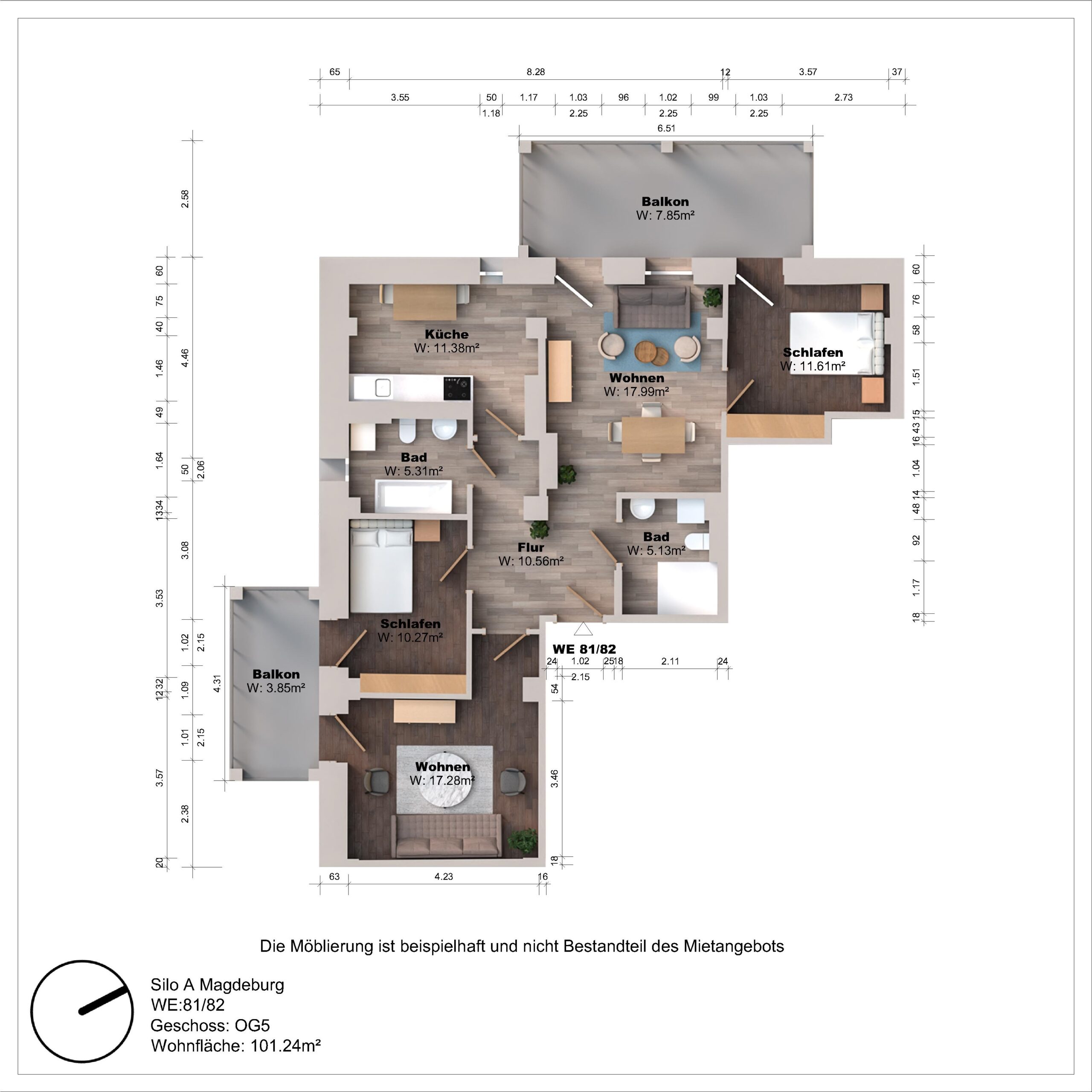 Grundriss einer Wohnung mit zwei Balkonen und Zimmern.