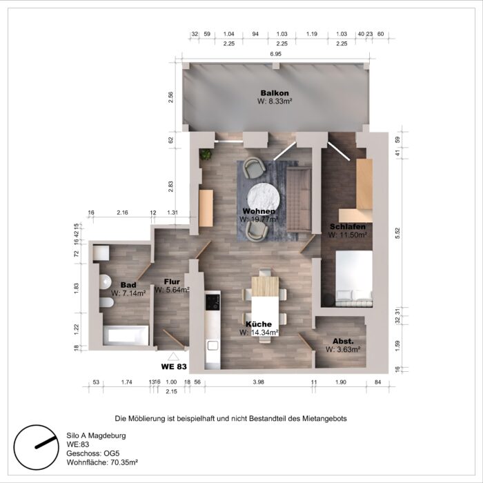 Grundriss einer Wohnung mit Balkon und Zimmeraufteilung.